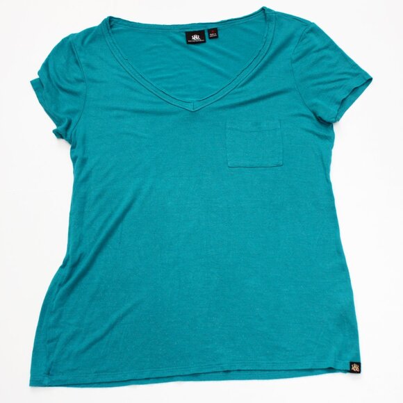 Rock & Republic Distressed V Neck Blouse Medium Green Short Sleeve Shimmer Bits - Picture 2 of 5